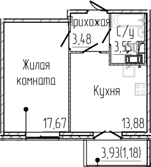 1-комнатная квартира 39.76 м², 7/8 эт., ЖК «SERTOLOVO PARK»